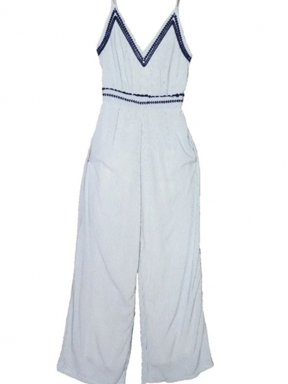 Japna Womens XS Blue White Striped Embroidered Wide Leg Jumpsuit Rayon Lined